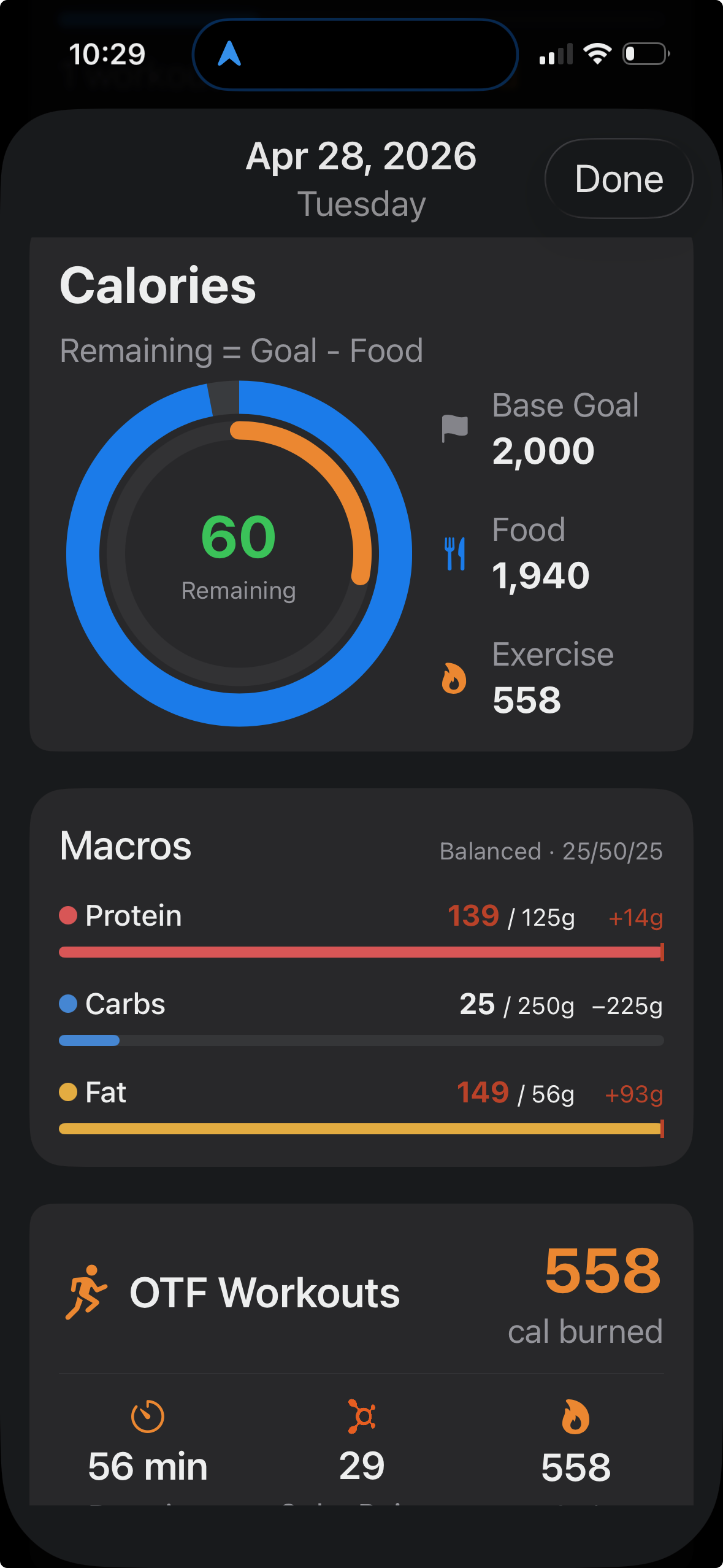 OhSnap dashboard showing calories, macros, and OTF workouts