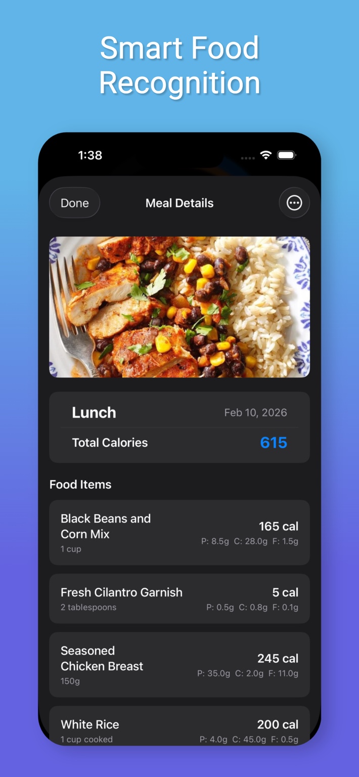 Meal details screen showing recognized food items and calories