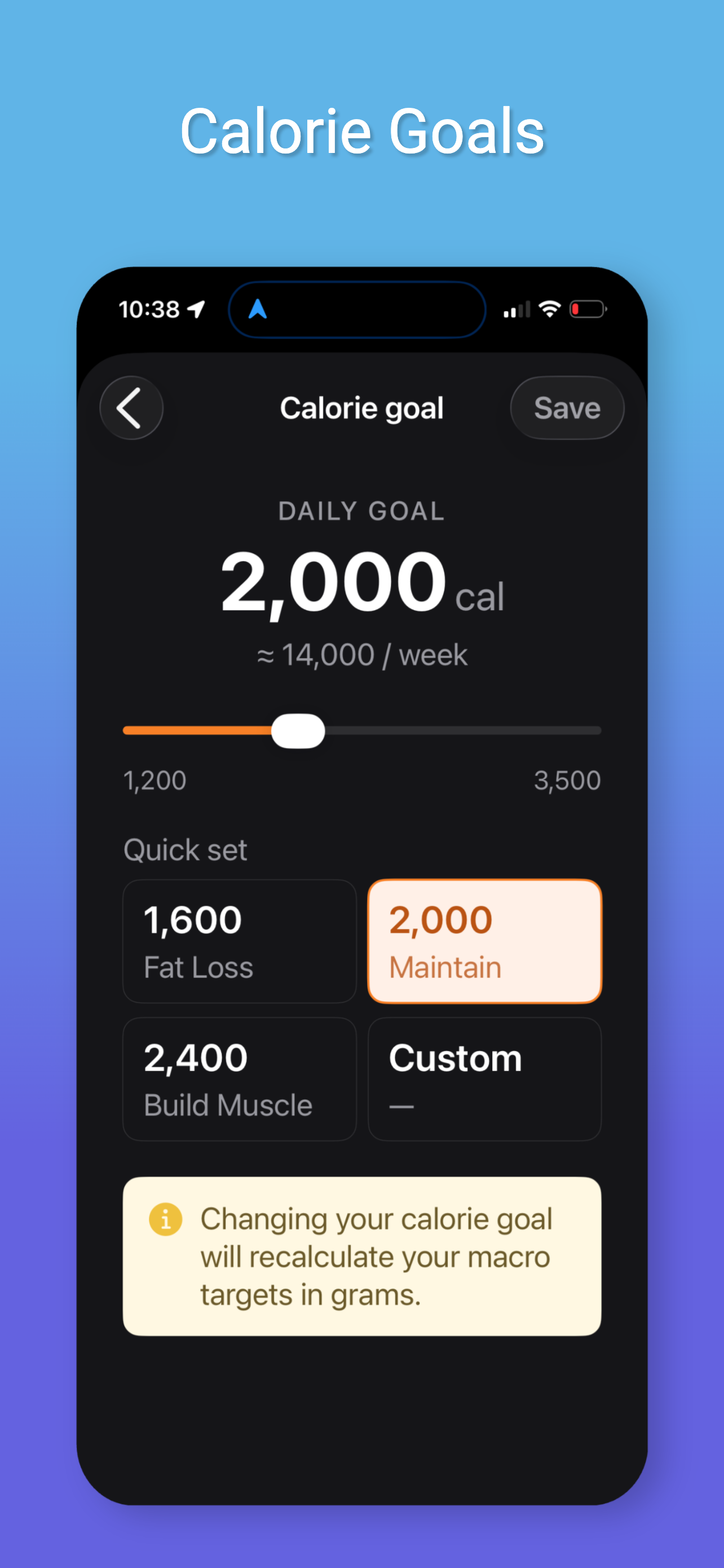 Calorie goals screen