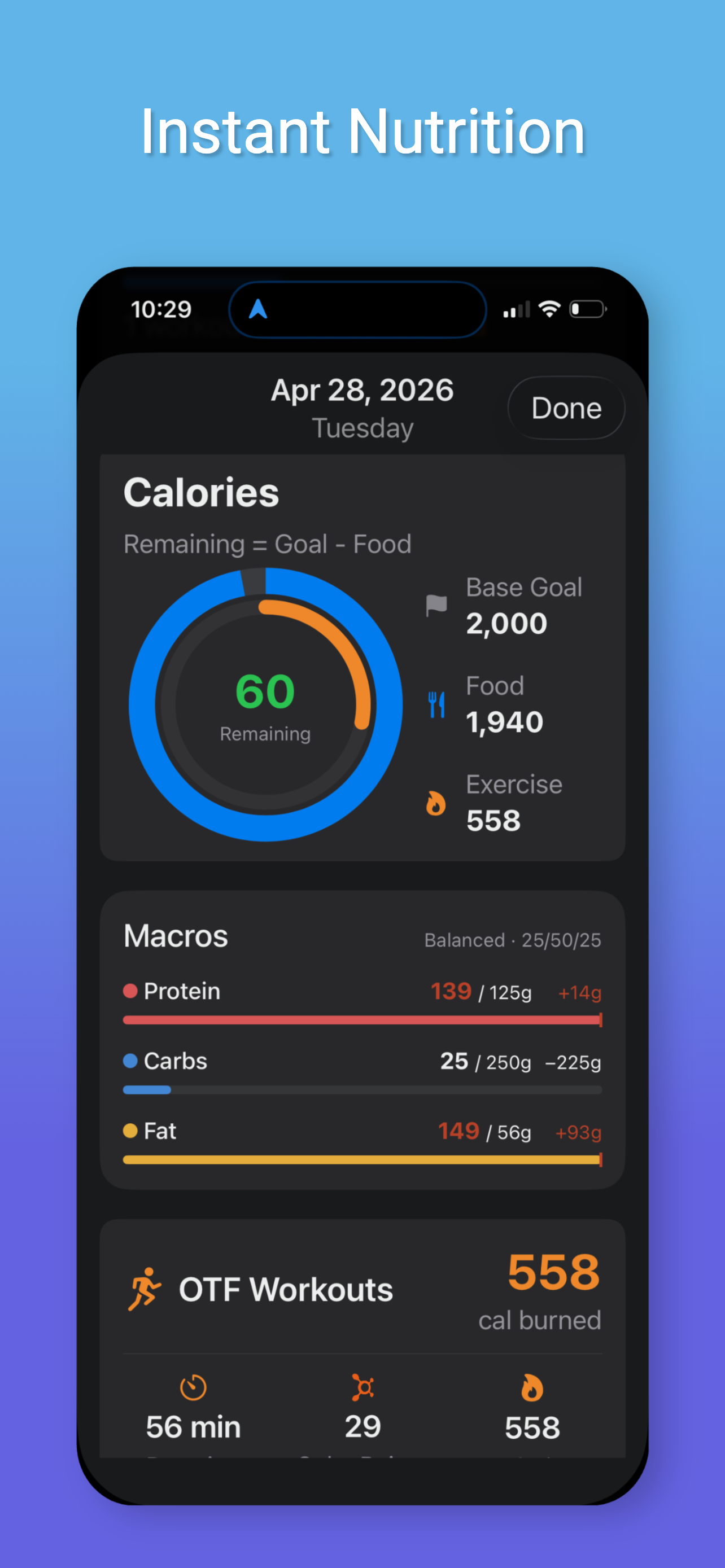 Instant nutrition screen